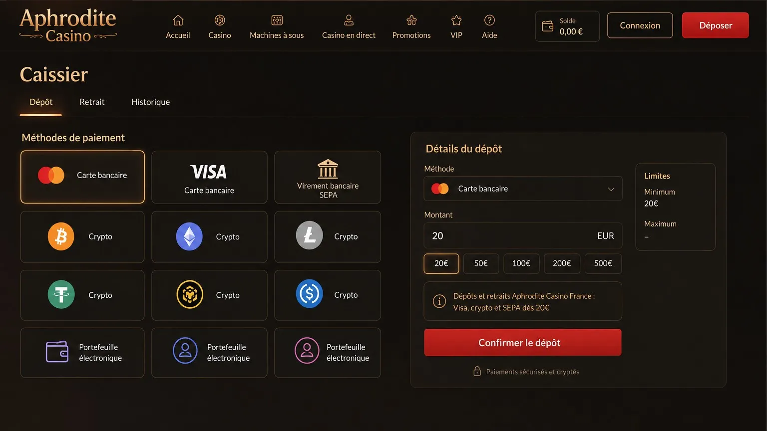 Dépôts et retraits sur Aphrodite Casino France – méthodes et délais