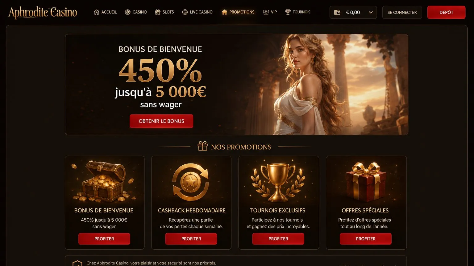 Bonus de bienvenue Aphrodite Casino – 450 % sans wager sur cinq dépôts